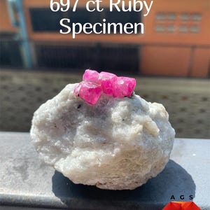 May include: A 697 ct ruby specimen featuring vibrant pinkish-red crystalline clusters embedded in a rough, textured white mineral matrix. The text 697 ct Ruby Specimen is visible at the top, with an A G S logo and red diamond icon at the bottom.