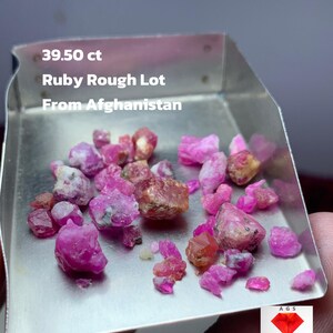 May include: A collection of rough ruby gemstones, ranging in shades of pink and red, are displayed in a metal tray. The text "39.50 ct Ruby Rough Lot From Afghanistan" is visible. The gemstones are of various sizes and shapes.
