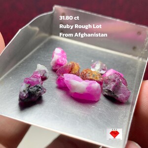 May include: A collection of rough ruby gemstones, with a total weight of 31.80 carats, displayed in a small metal tray. The rubies are various shades of pink and red, with some white and black inclusions. Text on the tray reads "Ruby Rough Lot From Afghanistan."