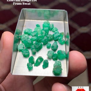 Puede incluir: Un lote de esmeraldas en bruto, con un peso de 37,55 ct, presentado en una pequeña bandeja de metal. Las esmeraldas sin cortar son de un color verde vibrante. El texto en la imagen dice "Emerald Rough Lot From Swat".