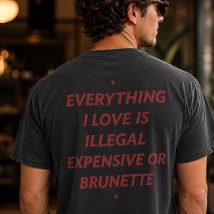 May include: A charcoal gray short-sleeve t-shirt featuring red text on the back that reads: EVERYTHING I LOVE IS ILLEGAL EXPENSIVE OR BRUNETTE, with a small red dot centered above and below the text block, presented in a standard crew neck style.