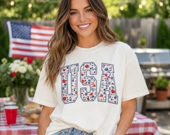 Comfort Colors USA Shirt, 4th of July shirt, floral USA tee, summer patriotic shirt for women, America est 1776 shirt, red, white blue shirt