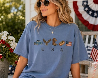 USA Icons Shirt, 4th of July Comfort Colors Tee, Hot Dog Shirt, Vintage Truck Cowgirl Boots Patriotic Tee