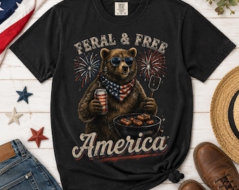 Feral & Free America Bear Shirt, Comfort Colors 4th of July BBQ Tee, Patriotic Grizzly Bear T Shirt, Funny Independence Day Shirt