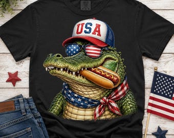 Feral & Free America Alligator Shirt, Comfort Colors 4th of July Tee, Patriotic Gator Hotdog Shirt, Funny USA Summer BBQ Tee