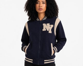 New York Varsity Jacket, Unisex Streetwear Full Zip, Applique NY Patch