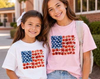 Floral American Flag Shirt, 4th of July Flowers Tee, Patriotic Comfort Colors 1717, Memorial Day USA Shirt