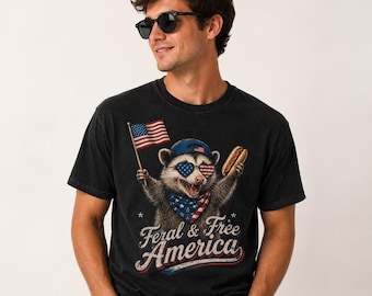 Feral & Free America Opossum Shirt, Comfort Colors 4th of July Tee, Patriotic Hotdog Raccoon Shirt, Funny USA Summer BBQ Tee