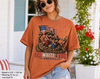 Red White and BBQ Shirt, Funny 4th of July Snake Tee, Comfort Colors Patriotic Shirt, Cowboy Snake BBQ T-Shirt, America Summer Tee