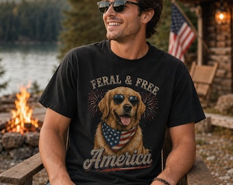Feral & Free America Golden Retriever Shirt, Comfort Colors 4th of July Tee, Patriotic Dog T Shirt, USA Dog Mom Summer Shirt