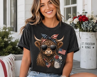 Feral & Free America Highland Cow Shirt, Comfort Colors 4th of July Tee, Patriotic Cow T Shirt, Cute Farmhouse USA Summer Shirt
