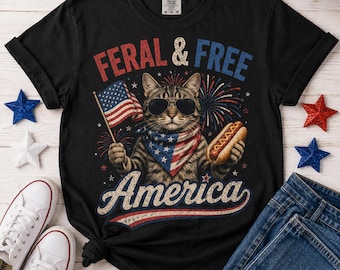 Feral & Free Cat Shirt, Comfort Colors 4th of July Tee, Patriotic Cat T Shirt, Funny USA Hotdog Cat Shirt, America Tee