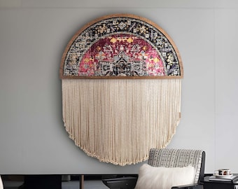Wall cotton Rug, Wall Decor, Wooden Wall Hanging, Wall Art, Fiber Art, Rope Art round, Runner, Farmhouse Style Geometric Southwest, Turkish
