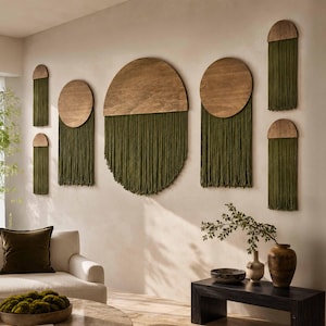 Olive Green Wooden Half Circle, Modern Boho Fiber Decor (4 options)