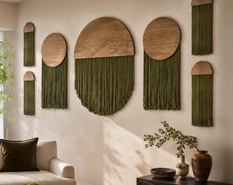 Olive Green Wooden Half Circle, Modern Boho Fiber Decor (4 options)