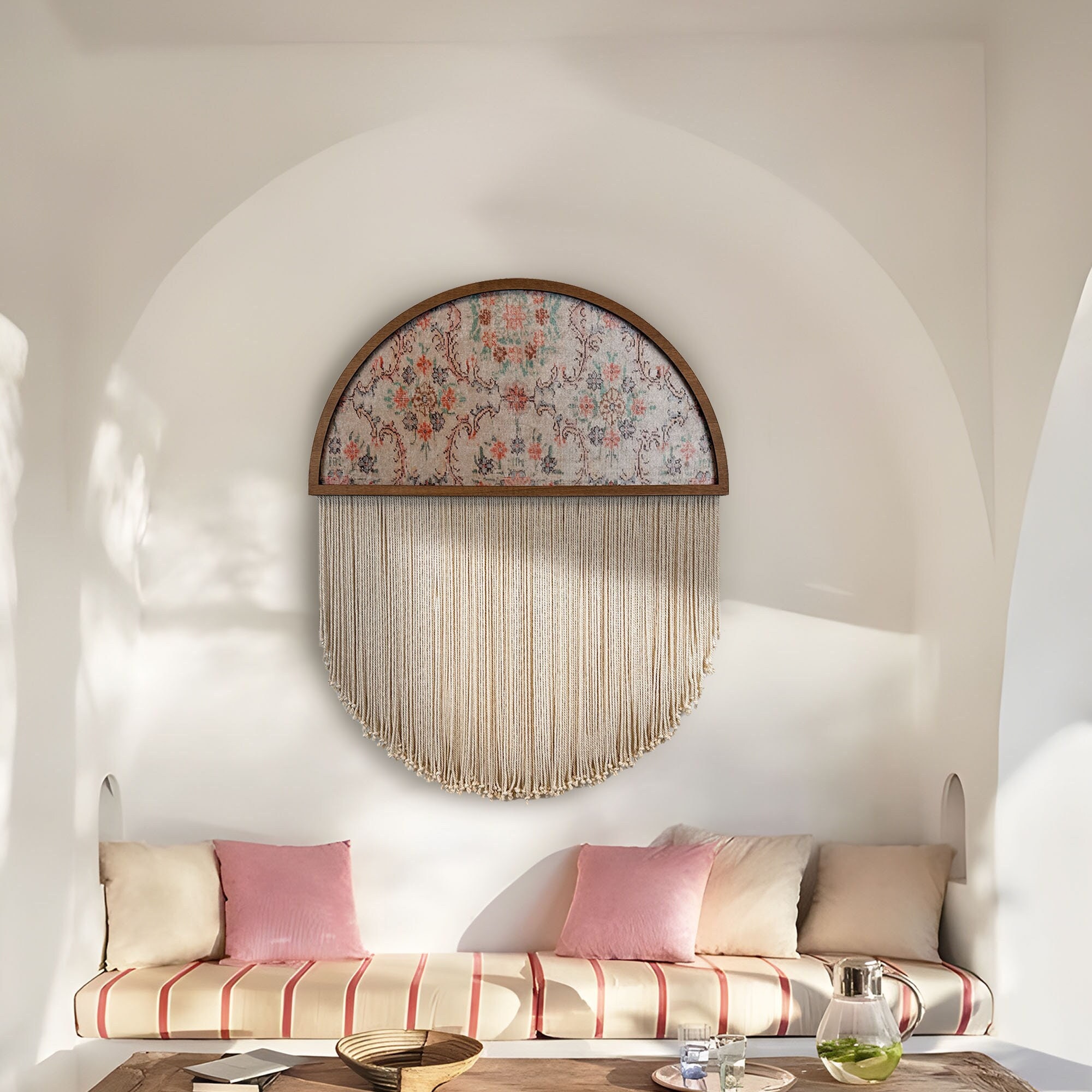 Woven Turkish Tapestry: Floral Embroidery, Walnut Wood & Macrame Wall Hanging