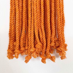 May include: A close-up of a fringe of orange rope, tied together at the ends. The rope is thick and has a rough texture.