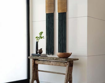 Minimalist Dark Grey Fiber Art Wall Hanging: Textured Rope & Beechwood