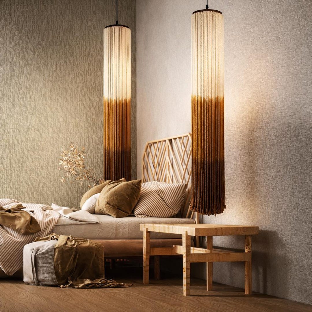 Set of 2 Handmade Ombre Rope Pendant Lights, Boho Japandi Bedside ...
