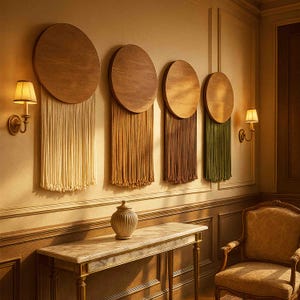 Puede incluir: Cuatro adornos de pared de madera con la parte superior circular y la parte inferior con flecos en crema, marrón, marrón y verde oliva. La pared es de color beige cálido con apliques de pared y una mesa con tapa de mármol y un jarrón decorativo.