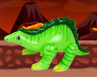 May include: A green inflatable dinosaur toy with a spiky back and striped pattern. The dinosaur is posed in a walking position with its head turned to the side.