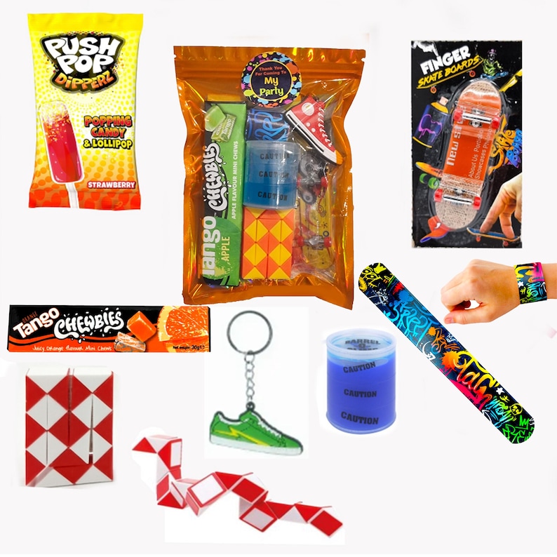 Older Boys Pre Filled Birthday Skateboarding Party Goody Bags, Party Favours With Toys And Sweets.