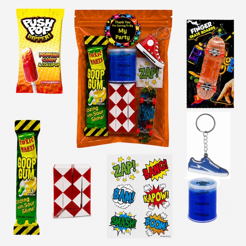 Older Boys Pre Filled Birthday Skateboarding Party Goody Bags, Gift Favours, Treat Bags 1X OPTION 3