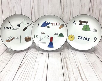Vintage Rebus Word Puzzle Plates 7.5" Plates by Taste Setter Complete Set Of 3