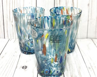 NEW Murano Confetti Millefiori Mosaic Blue Glass Tumblers Made in Italy Set of 3