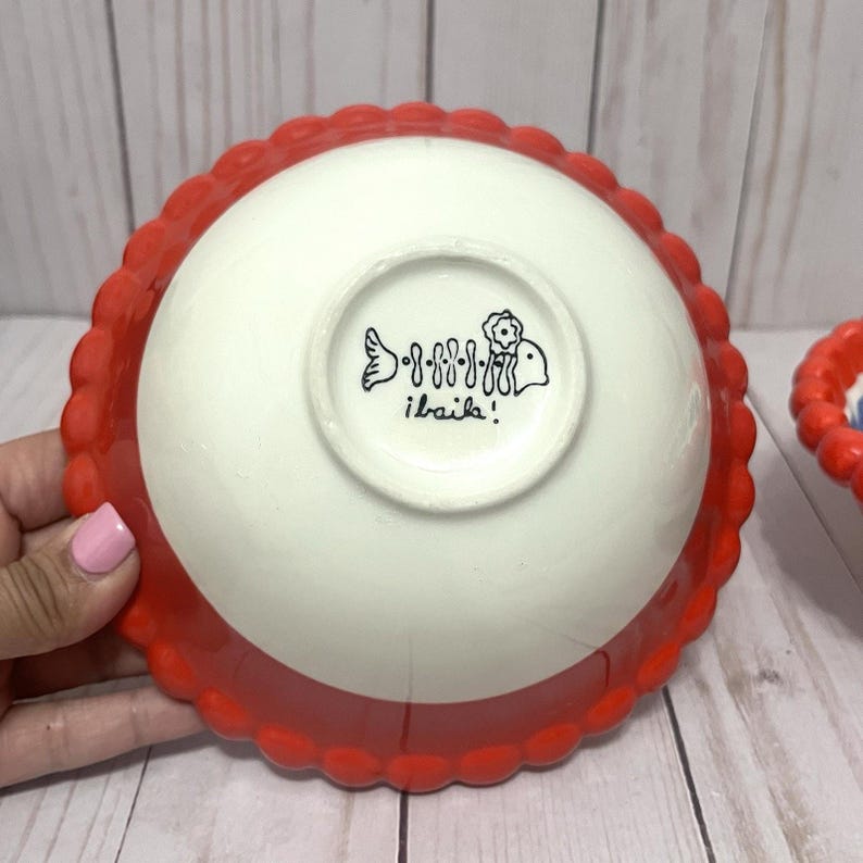 Vtg Anthropologie Baila Sun Stone Bowl 6" Hand Painted Design Flower Set of 2 image 5