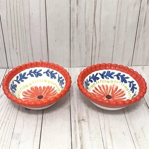 Vtg Anthropologie Baila Sun Stone Bowl 6" Hand Painted Design Flower Set of 2 image 10