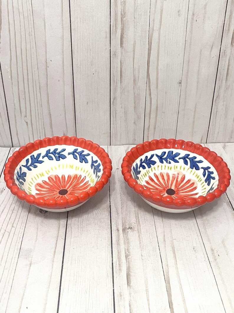 Vtg Anthropologie Baila Sun Stone Bowl 6" Hand Painted Design Flower Set of 2 image 10