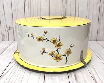 Vintage Decoware Tulip Floral Spring Pattern MCM Tin Cake Holder 1950s