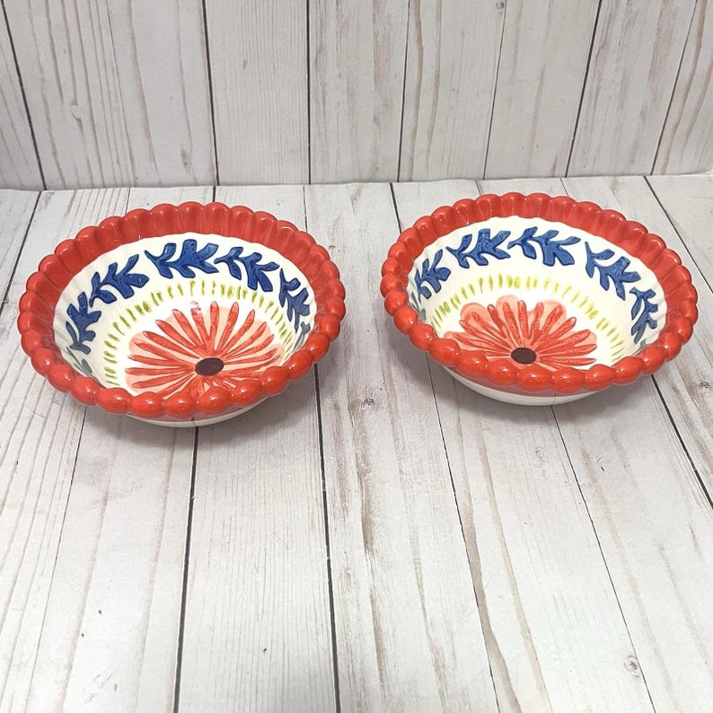 Vtg Anthropologie Baila Sun Stone Bowl 6" Hand Painted Design Flower Set of 2 image 1