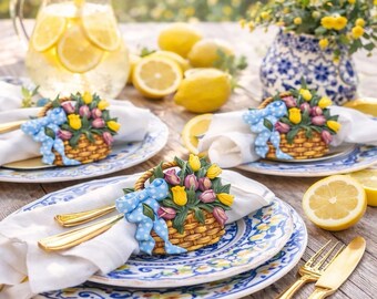 Vintage Tulip Basket Napkin Rings Cottagecore Spring Lemon Table Decor Set Of 6