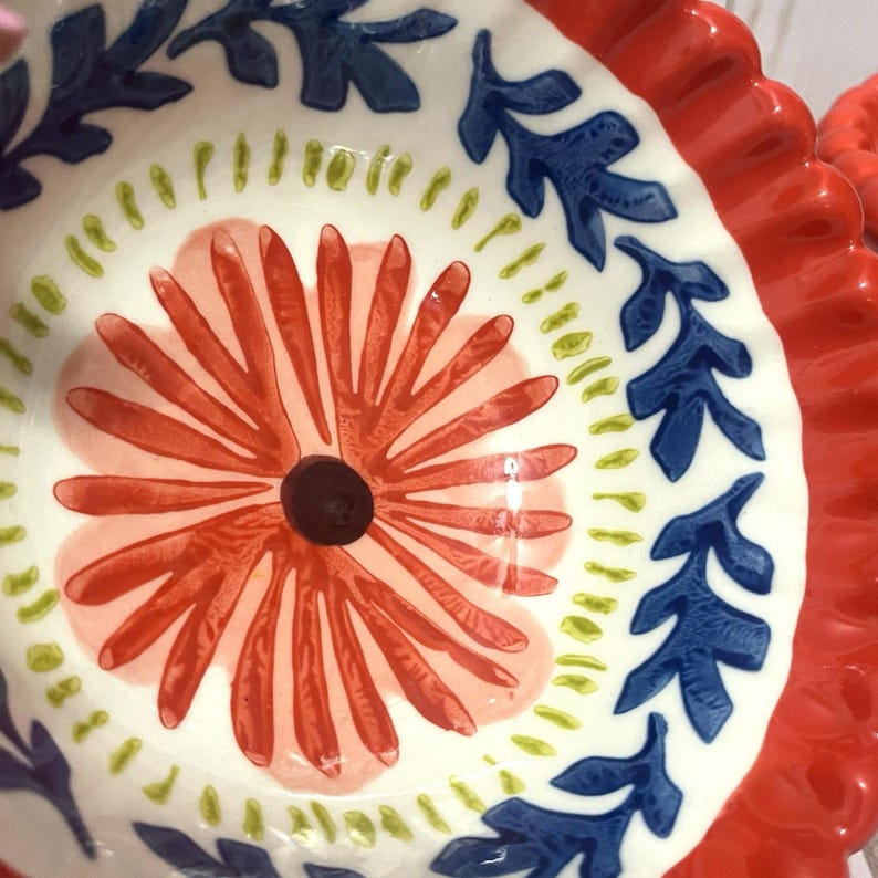 Vtg Anthropologie Baila Sun Stone Bowl 6" Hand Painted Design Flower Set of 2 image 4