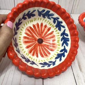 Vtg Anthropologie Baila Sun Stone Bowl 6" Hand Painted Design Flower Set of 2 image 2