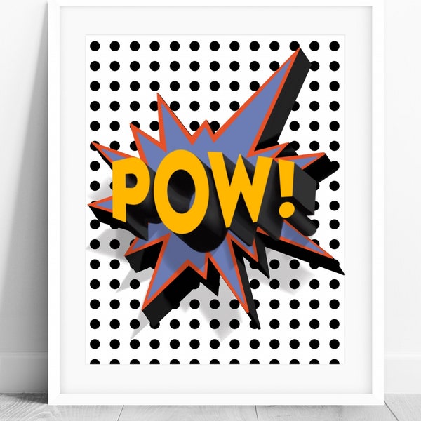 Pow Superhero Print, Pow PRINTABLE Wall Art, Boys Room Decor, Superheroes Party Pop Art Action Poster, Hero Boy Bedroom Art DIGITAL DOWNLOAD