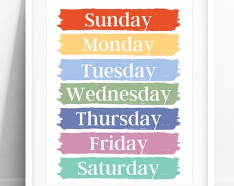 Days of the Week Print, Day PRINTABLE Wall Art, Classroom Poster, Kids Nursery Decor, Homeschool Education Preschool Sign DIGITAL DOWNLOAD