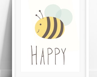 Be Happy Bee Print, Kids PRINTABLE Wall Art, Bee Happy Motivational Poster, Kid Room Decor, Yellow Nursery Art Kids Bedroom DIGITAL DOWNLOAD