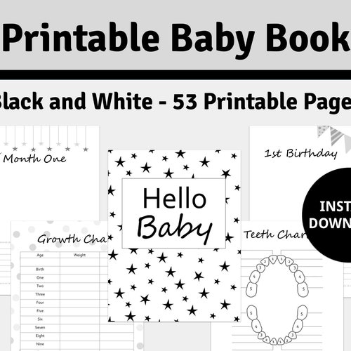Printable Baby Memory Book Pages Black & White Instant Etsy