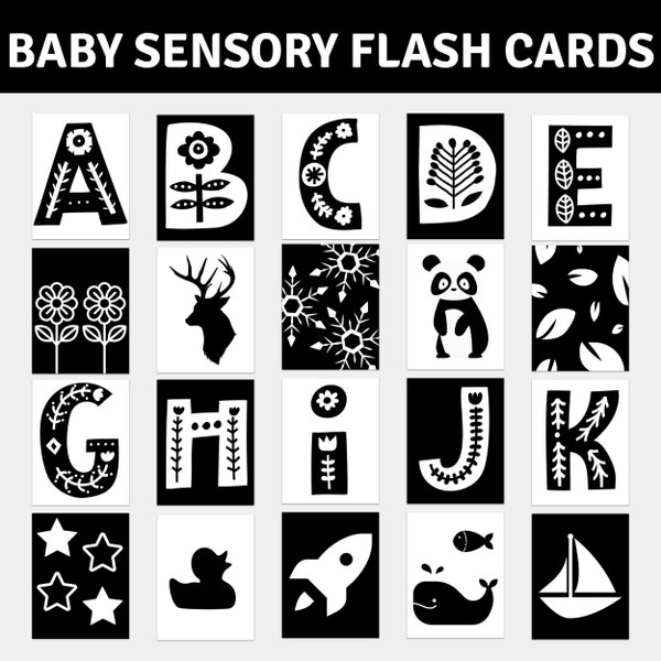 PRINTABLE Baby Sensory Cards, Monochrome Black & White High Contrast Cards, Montessori Baby Flash Cards, Baby Shower Gift DIGITAL DOWNLOAD