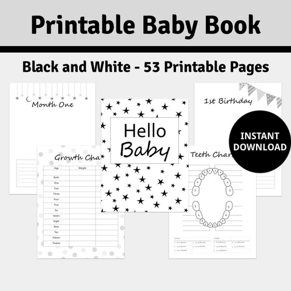 Black & White Baby Memory Book, PRINTABLE Baby Book Pages, Baby Journal, Newborn Baby Shower Gift, New Mom Milestone DIGITAL DOWNLOAD pdf
