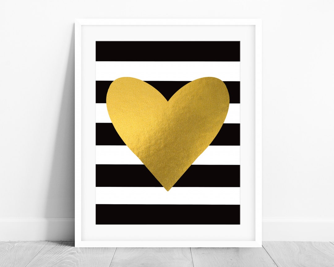 Gold Heart Print, Black &amp; White Stripes PRINTABLE Wall Art, Girls Room ...