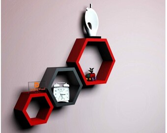 Hexagon Shelves Honeycomb Shelf, Set of 3 Floating Hexagon Shelf Red & Black | Wall Art | Geometry Shelves| Home Decor/ Wall Decor/Gift Item