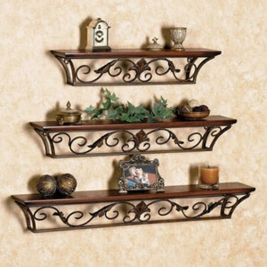 Handmade Wooden and Wrought Iron Wall Shelve, Wall Bracket Floating Wall Shelves Set of 3 for Home Decor, Living Room Decor