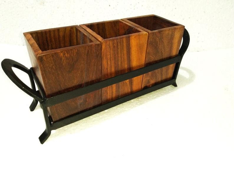 Wooden Cutlery Holder for Dining Table With 3 Jar and Wrought Etsy