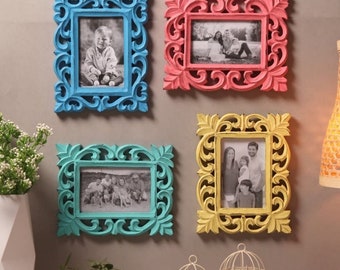 Set of 4 Handmade wood carving wall photo frame/handcrafted wooden photo frame/ wood carved Frame/ Blue, Yellow, Red and Green