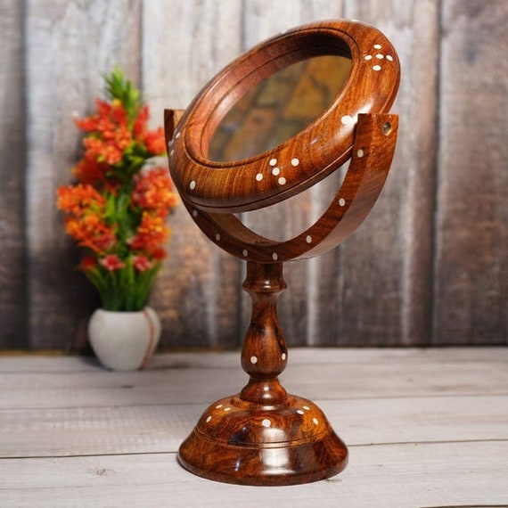 Brass Vintage Hand Carved Wooden Table Top Round Makeup Mirror with Stand 