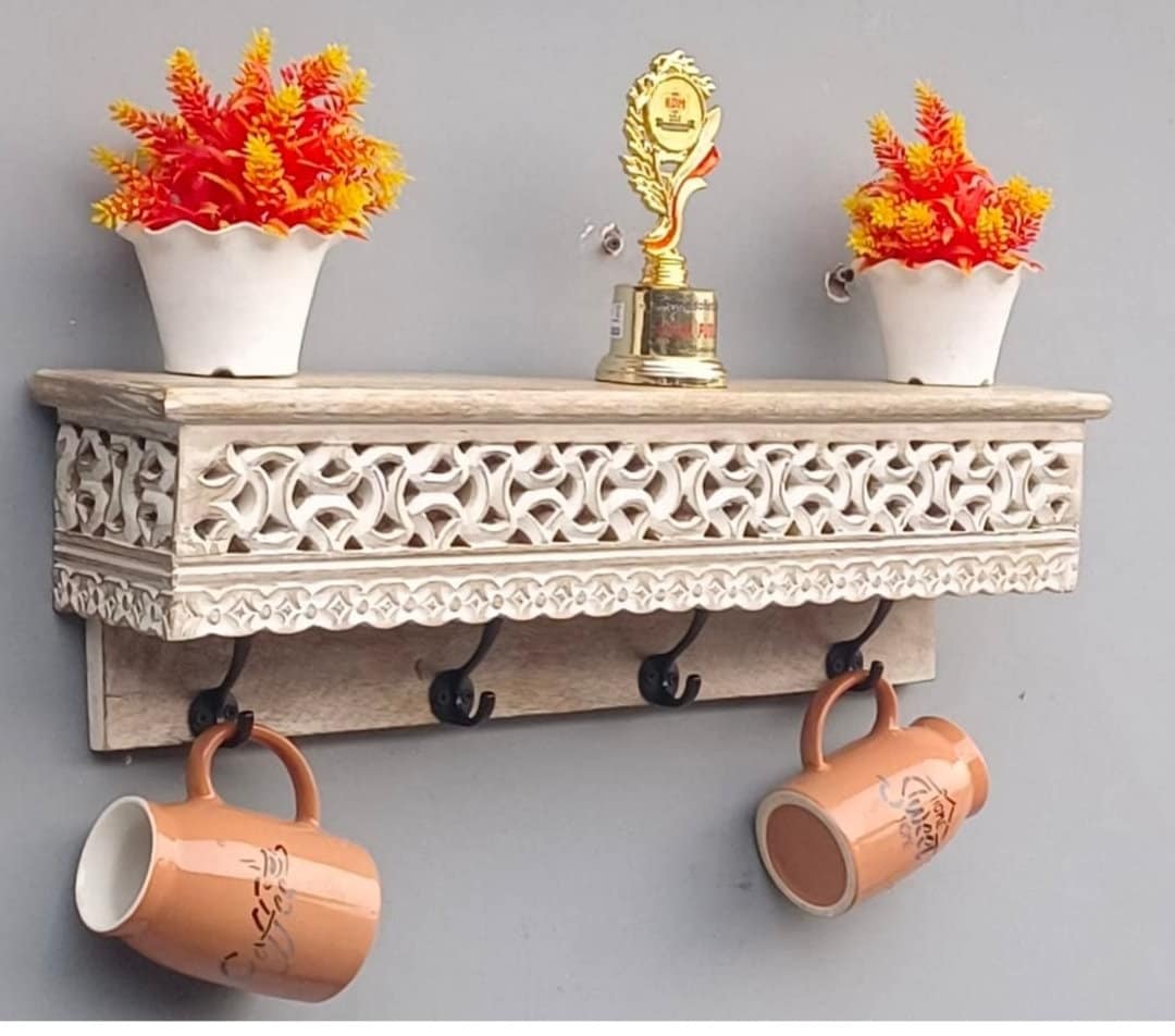 Handmade Wood Carving Wall Shelf With 4 Hooks/handmade Wall Bracket